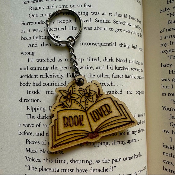 Accessories - Book Lover Open Book Floral Wood Keychain - handmade